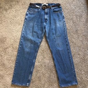 Wide leg blue jeans